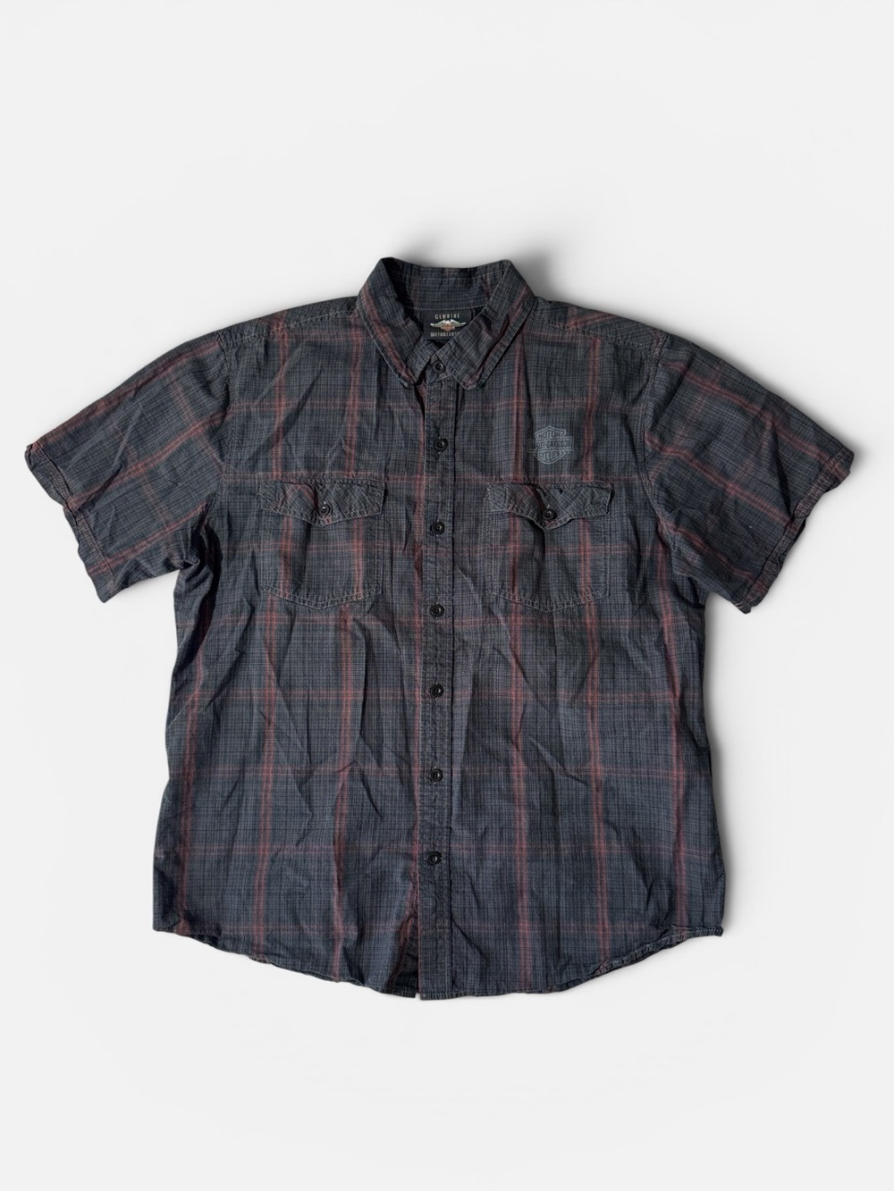 Harley Davidson mens XL black red plaid short sleeve button up casual shirt EUC